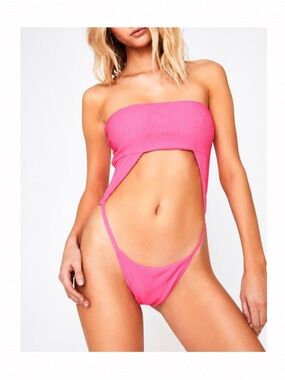 Frankies Bikinis Pink Ribbed Strapless One-Piece Swimsuit